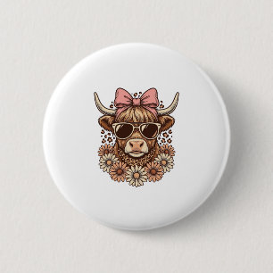 Cute Highland Cow Sunglasses Pink Bow Vintage Art_ 6 Cm Round Badge