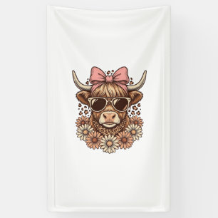 Cute Highland Cow Sunglasses Pink Bow Vintage Art_ Banner