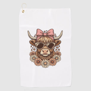 Cute Highland Cow Sunglasses Pink Bow Vintage Art_ Golf Towel