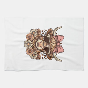 Cute Highland Cow Sunglasses Pink Bow Vintage Art_ Tea Towel