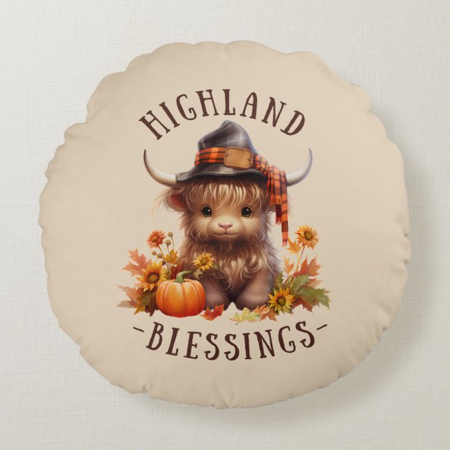 Cute Highland Cow Thanksgiving Blessings Round Cushion (Front)