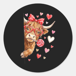 Cute Highland Cow Valentine Candy Heart Design Classic Round Sticker