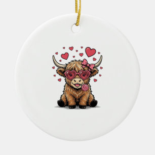 Cute Highland Cow Valentine Heart Glasses Vector_1 Ceramic Ornament