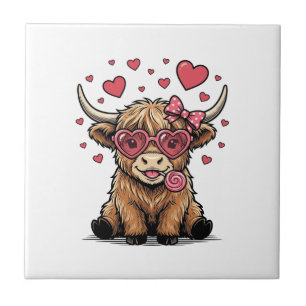 Cute Highland Cow Valentine Heart Glasses Vector_1 Ceramic Tile