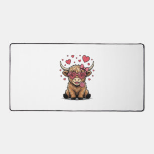 Cute Highland Cow Valentine Heart Glasses Vector_1 Desk Mat