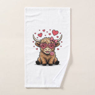 Cute Highland Cow Valentine Heart Glasses Vector_1 Hand Towel