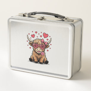 Cute Highland Cow Valentine Heart Glasses Vector_1 Metal Lunch Box