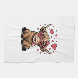 Cute Highland Cow Valentine Heart Glasses Vector_1 Tea Towel