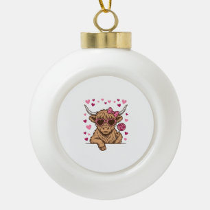 Cute Highland Cow Valentine Sunglasses Vector Desi Ceramic Ball Christmas Ornament