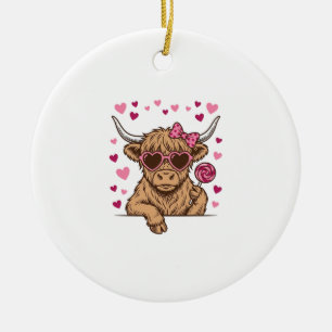Cute Highland Cow Valentine Sunglasses Vector Desi Ceramic Ornament