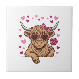 Cute Highland Cow Valentine Sunglasses Vector Desi Ceramic Tile