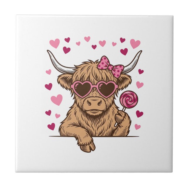 Cute Highland Cow Valentine Sunglasses Vector Desi Ceramic Tile (Front)