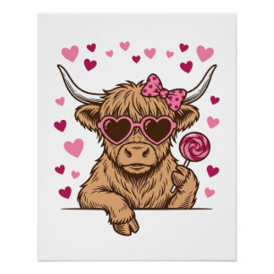 Cute Highland Cow Valentine Sunglasses Vector Desi Poster