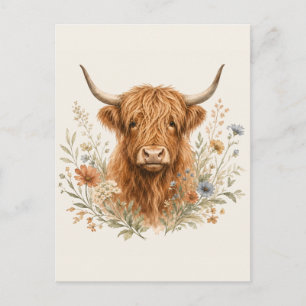 Cute Highland Cow Watercolor Holiday Postcard