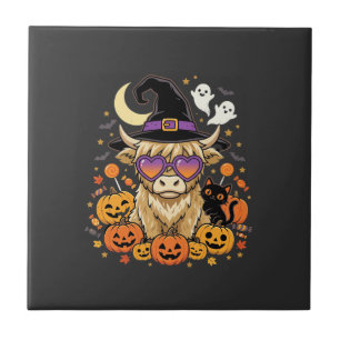 Cute Highland Cow Witch Halloween Pumpkin Party Ceramic Tile