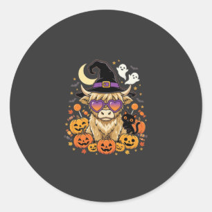 Cute Highland Cow Witch Halloween Pumpkin Party Classic Round Sticker