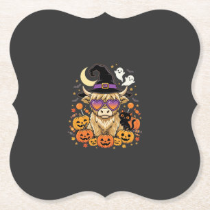 Cute Highland Cow Witch Halloween Pumpkin Party Paper Coaster