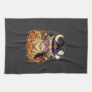 Cute Highland Cow Witch Halloween Pumpkin Party Tea Towel