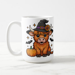 Cute Highland Cow Witch with Pumpkin Halloween Coffee Mug