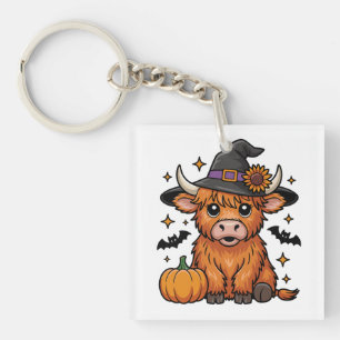 Cute Highland Cow Witch with Pumpkin Halloween Key Ring