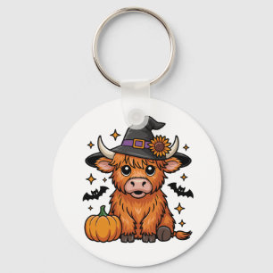 Cute Highland Cow Witch with Pumpkin Halloween Key Ring