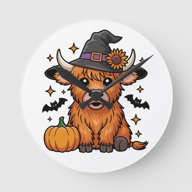 Cute Highland Cow Witch with Pumpkin Halloween  Round Clock (Front)