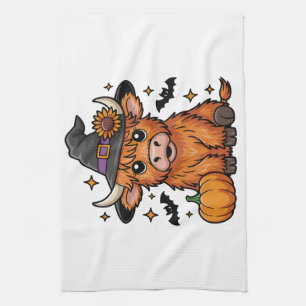 Cute Highland Cow Witch with Pumpkin Halloween  Tea Towel