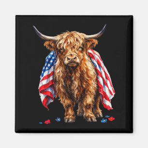 Cute Highland Cow With Aamerican Flag Pattern Magnet