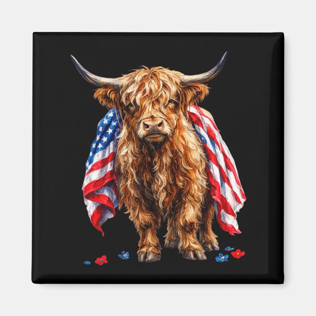 Cute Highland Cow With Aamerican Flag Pattern Magnet (Front)