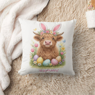 Cute Highland Cow with Bunny Ears Easter Cushion