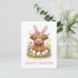 Cute Highland Cow with Bunny Ears Easter Postcard