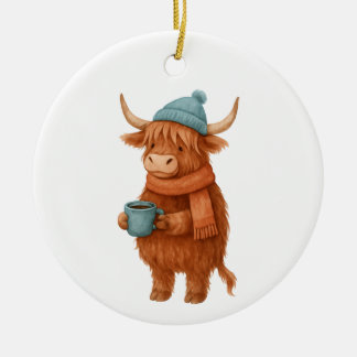 Cute Highland Cow with Coffee – Cosy Winter Ceramic Ornament