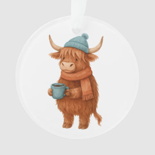 Cute Highland Cow with Coffee – Cosy Winter Ornament