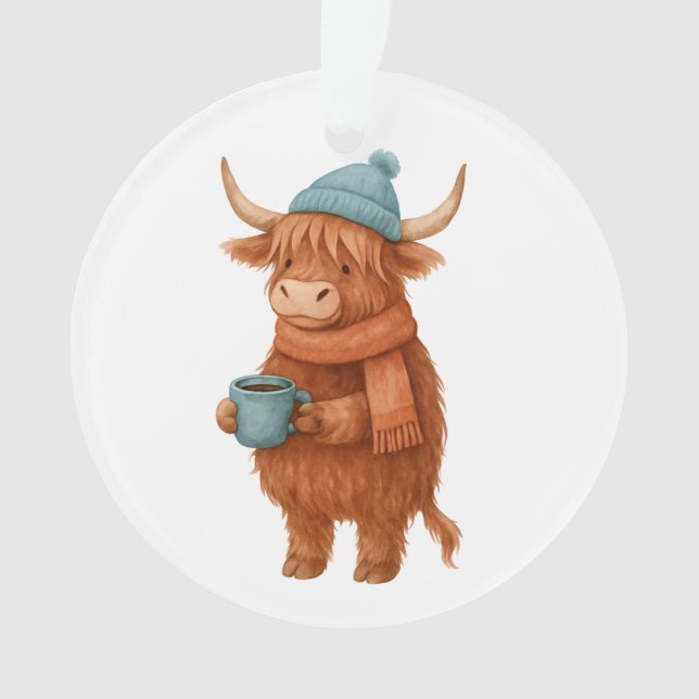 Cute Highland Cow with Coffee – Cosy Winter Ornament (Front)
