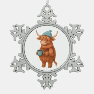 Cute Highland Cow with Coffee – Cosy Winter Snowflake Pewter Christmas Ornament
