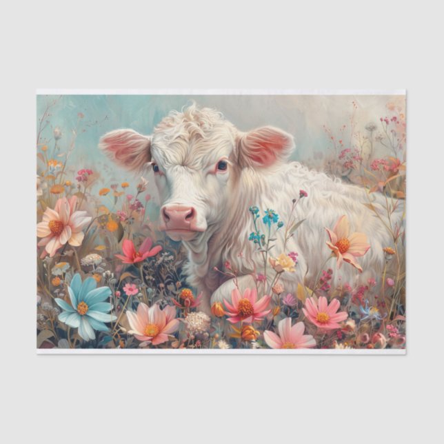 Cute Highland Cow with Cosmos for Decoupage Tissue Paper (Front)