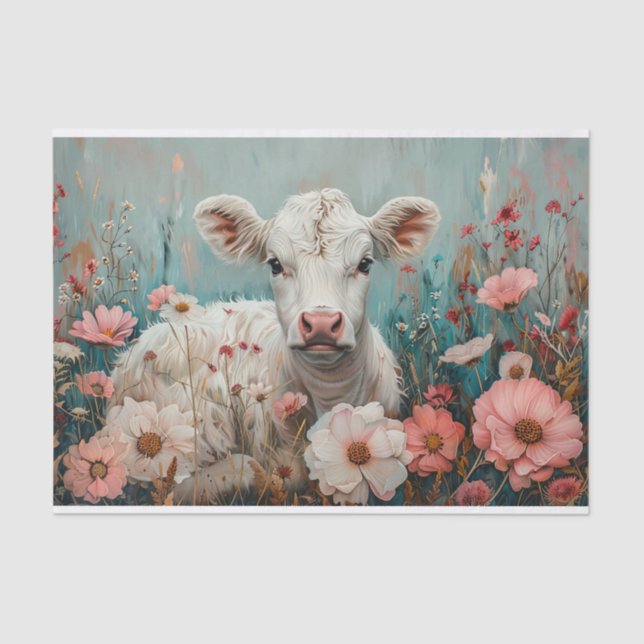 Cute Highland Cow with Cosmos for Decoupage Tissue Paper (Front)
