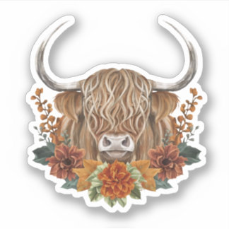 Cute Highland Cow with Fall Flowers