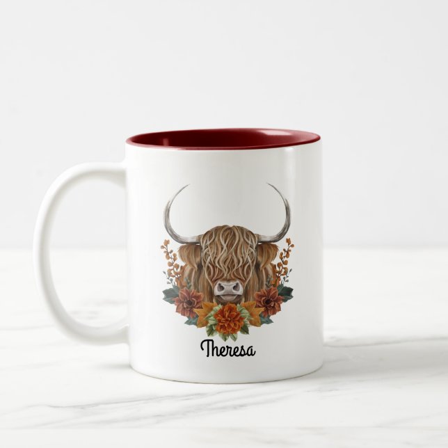 Cute Highland Cow with Fall Flowers Personalised Two-Tone Coffee Mug (Left)