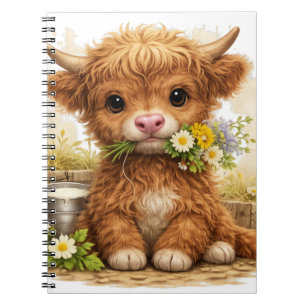 Cute Highland Cow with Flowers Kawaii Farm Cottage Notebook