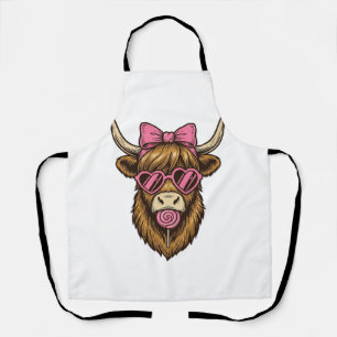 Cute Highland Cow with Pink Heart Glasses Vector_1 Apron