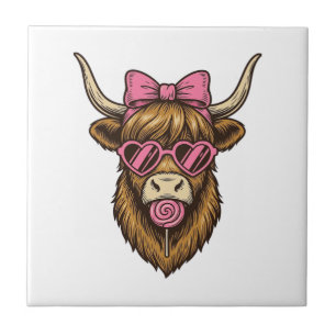 Cute Highland Cow with Pink Heart Glasses Vector_1 Ceramic Tile