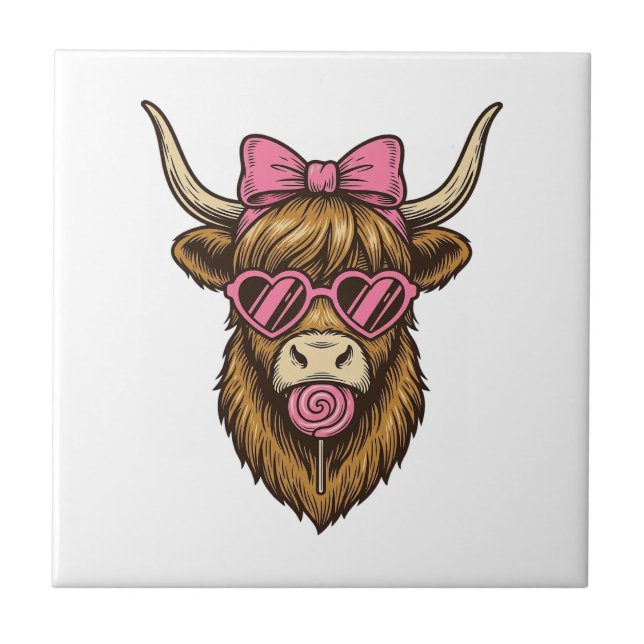 Cute Highland Cow with Pink Heart Glasses Vector_1 Ceramic Tile (Front)