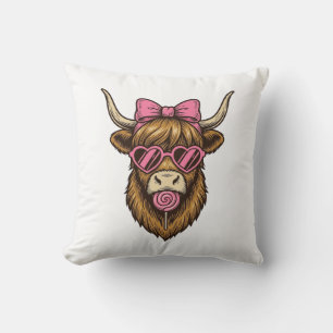 Cute Highland Cow with Pink Heart Glasses Vector_1 Cushion