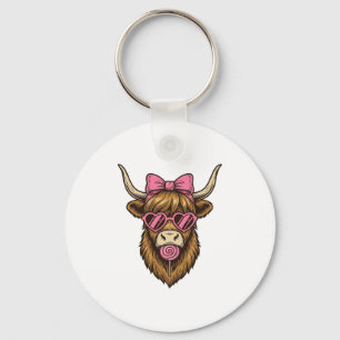 Cute Highland Cow with Pink Heart Glasses Vector_1 Key Ring