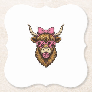 Cute Highland Cow with Pink Heart Glasses Vector_1 Paper Coaster