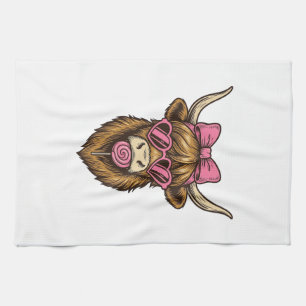 Cute Highland Cow with Pink Heart Glasses Vector_1 Tea Towel