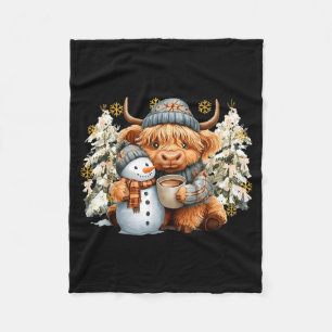 Cute Highland Cow With Snowman Hot Cocoa Christmas Fleece Blanket