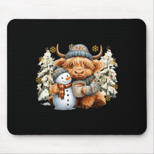 Cute Highland Cow With Snowman Hot Cocoa Christmas Mouse Pad