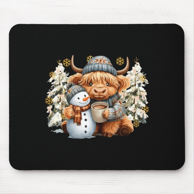 Cute Highland Cow With Snowman Hot Cocoa Christmas Mouse Pad (Front)